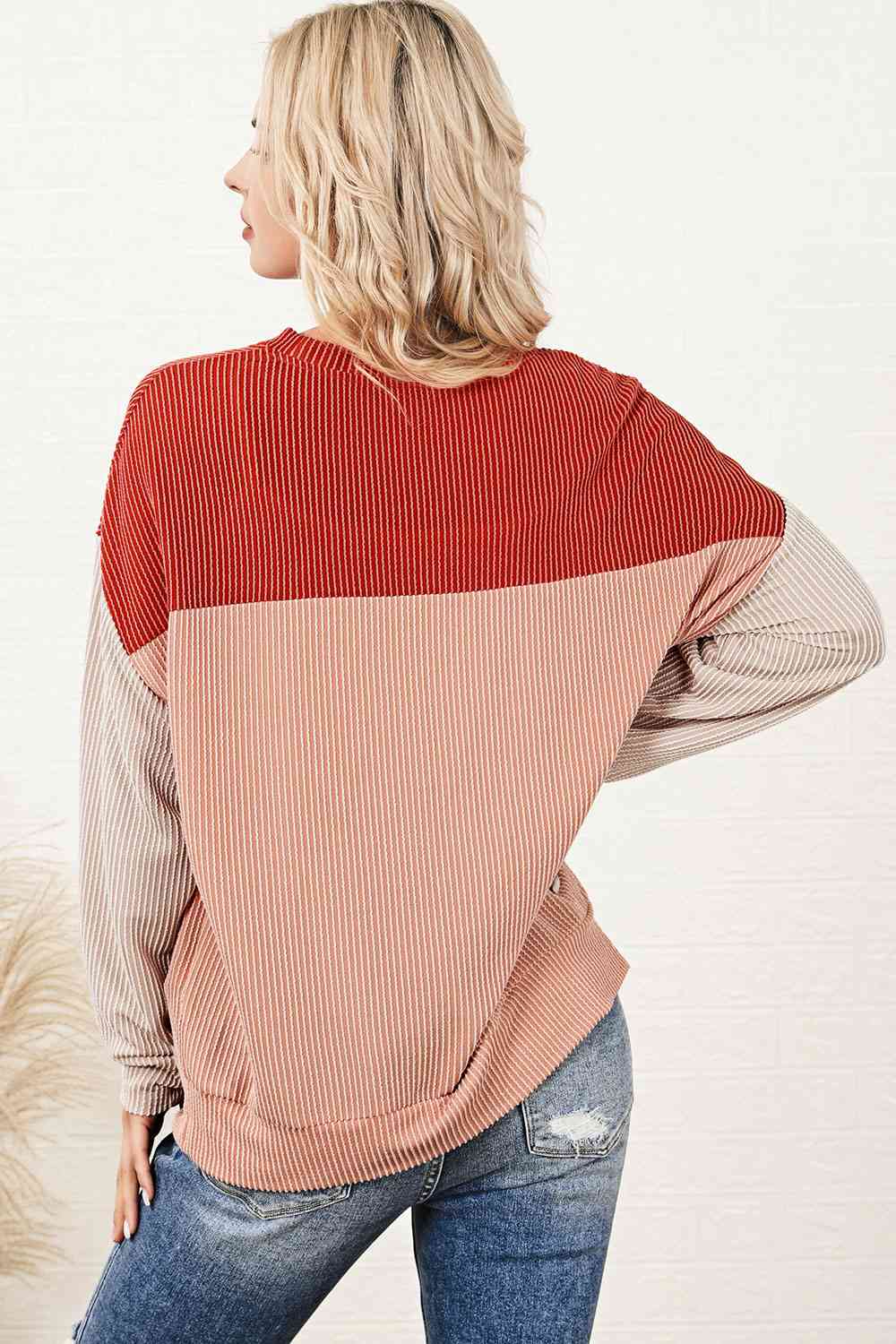 Ribbed Color Block Long Sleeve T-Shirt