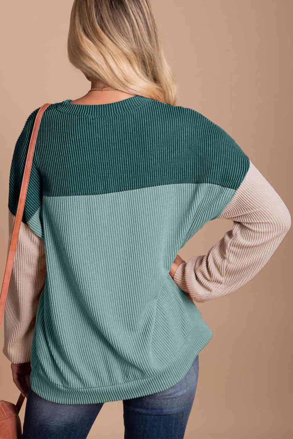 Ribbed Color Block Long Sleeve T-Shirt