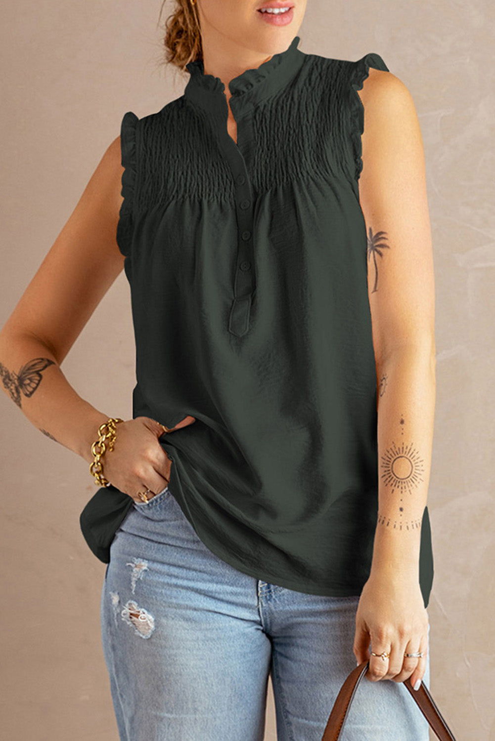 Buttoned Top- Smocked Sleeveless Blouse