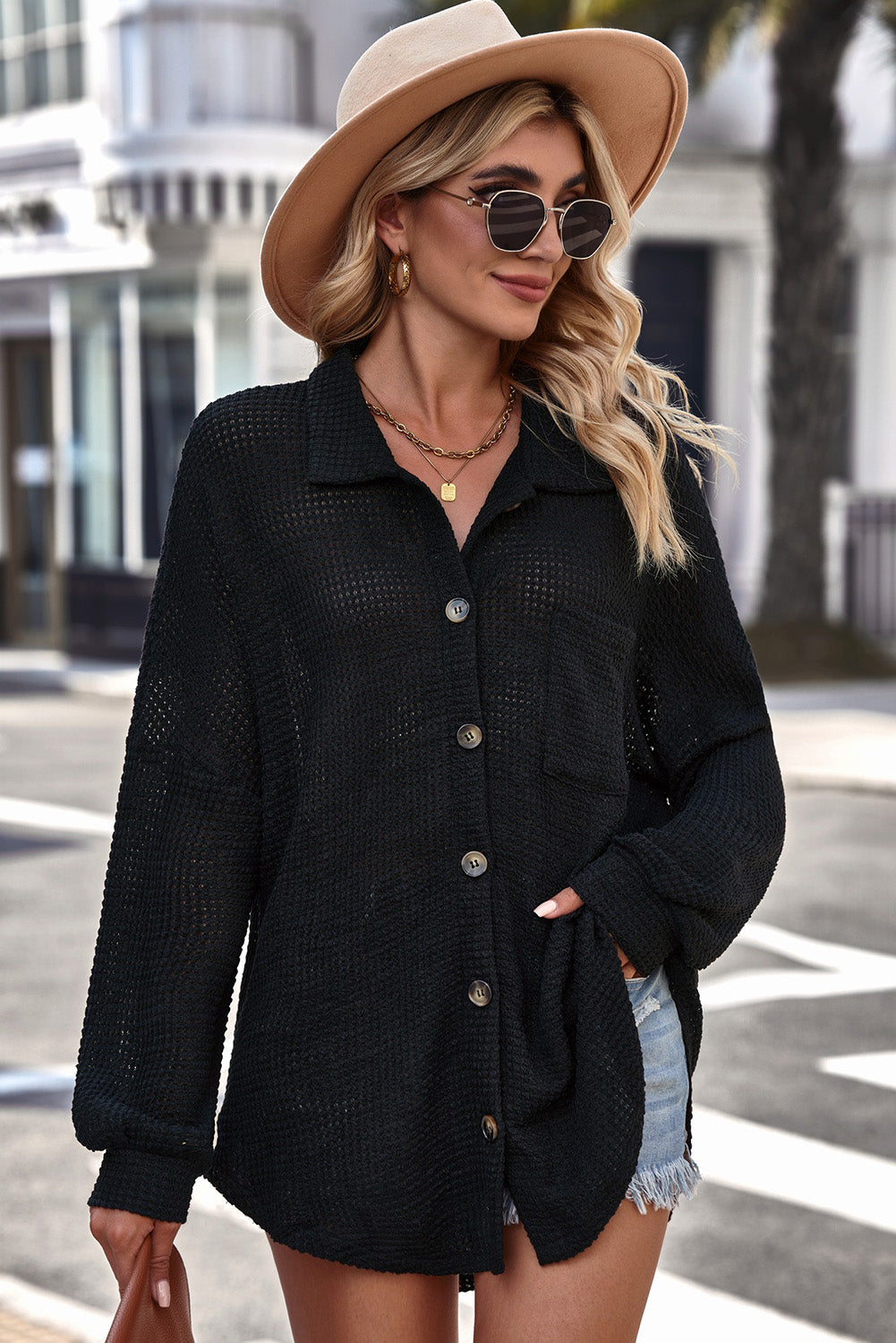 It's All Mine Waffle-Knit Button Up Shirt