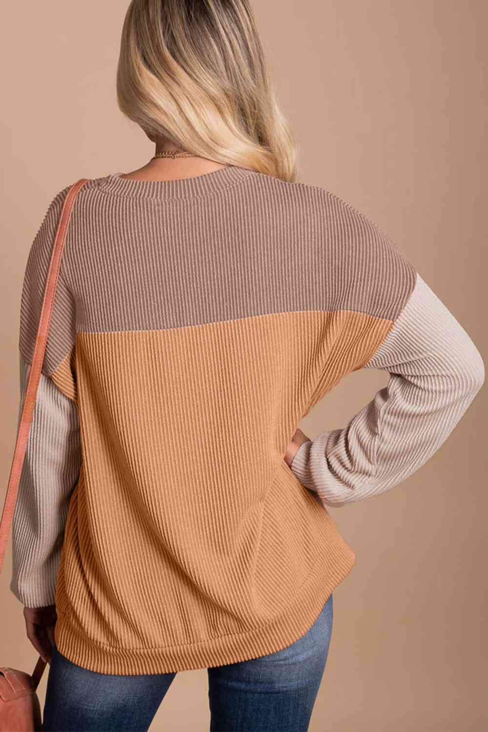 Ribbed Color Block Long Sleeve T-Shirt