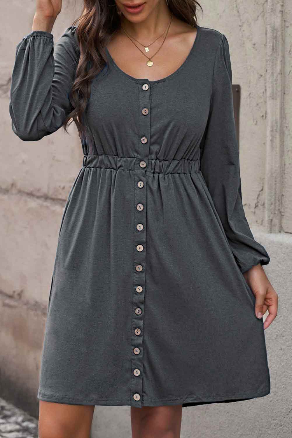 Curvy Button Front Elastic Waist Long Sleeve Dress