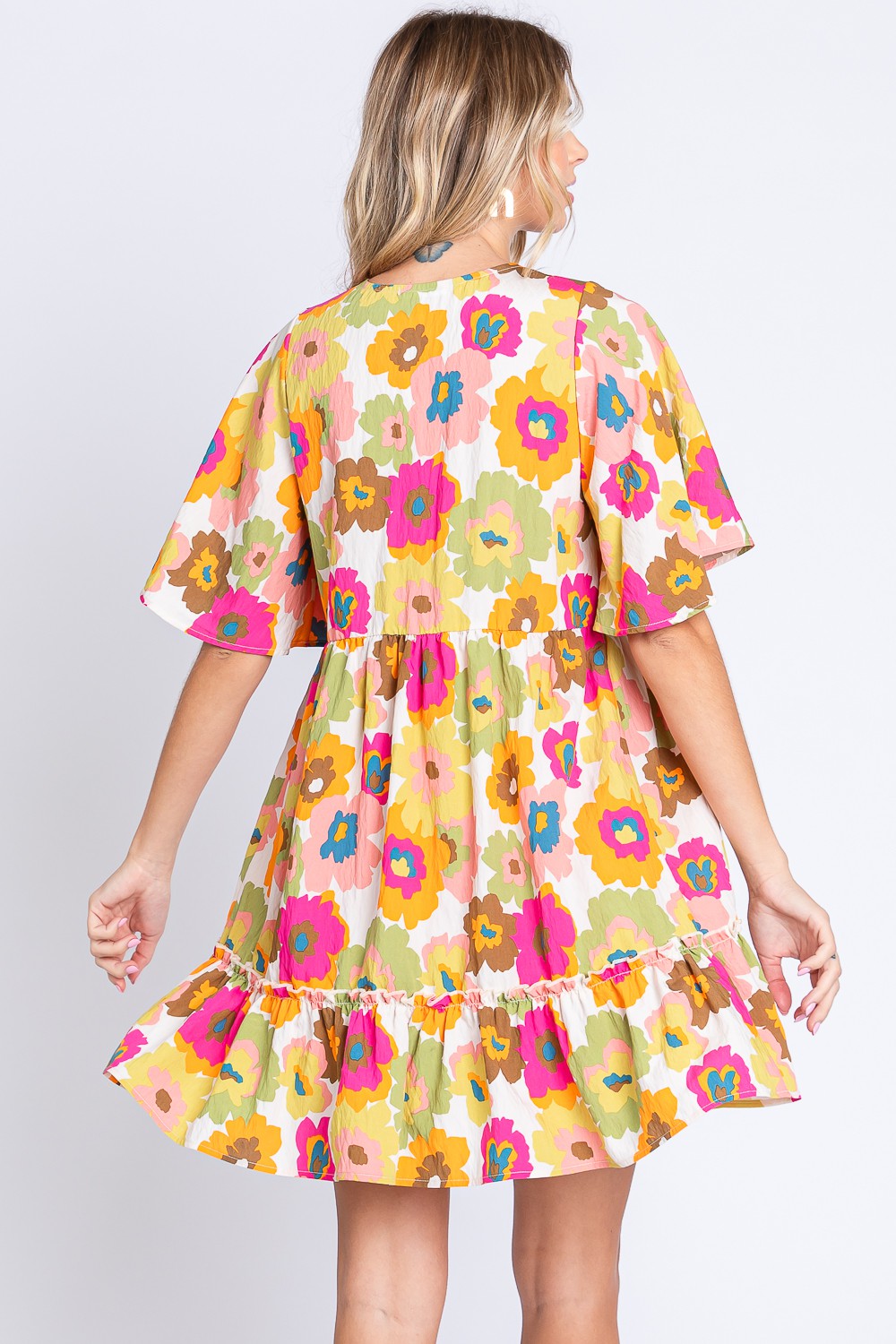 GeeGee Floral V-Neck Ruffle Trim Mini Dress