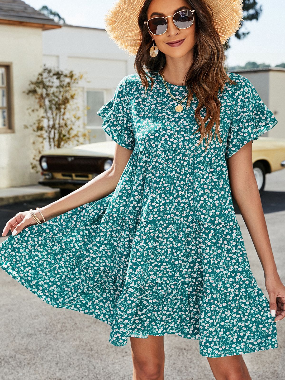 Short Sleeve Flounce Tiered Dress