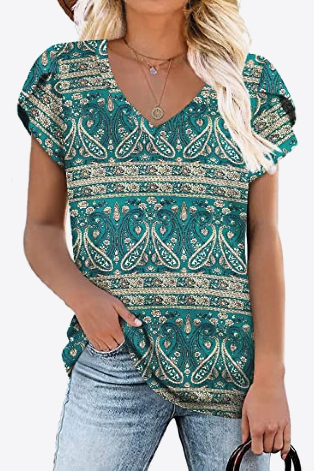 Printed Petal Sleeve Top