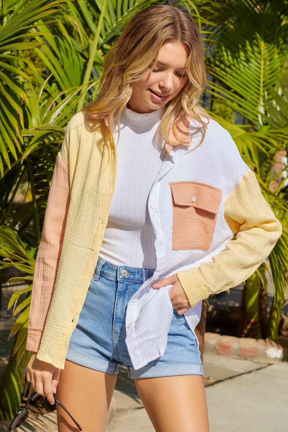 Textured Color Block Button Up Top