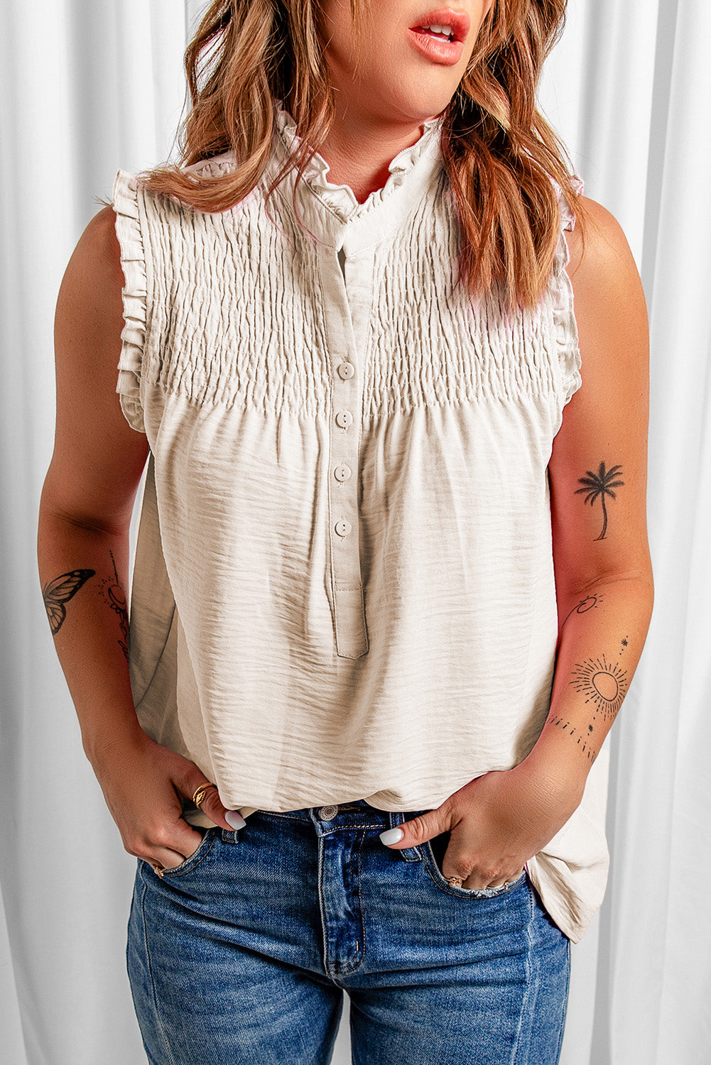 Buttoned Top- Smocked Sleeveless Blouse